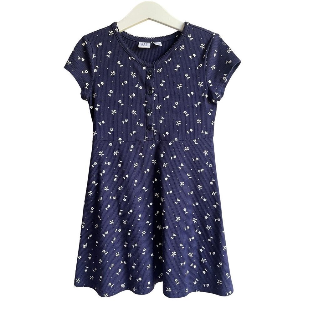 GAP Kids Girls Size Small Navy Blue White Floral Dots A-Line Dress Short Sleeve